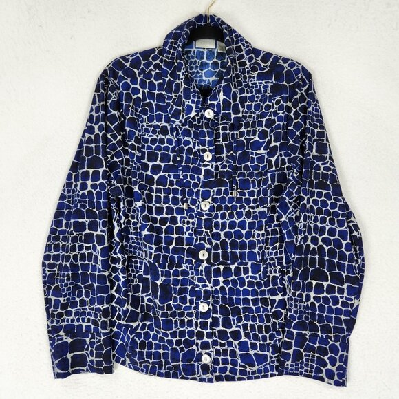 Chicos Shirt Womens 2 Blue White 12 Giraffe Print Long Sleeve Button Up Zenergy - Picture 1 of 11